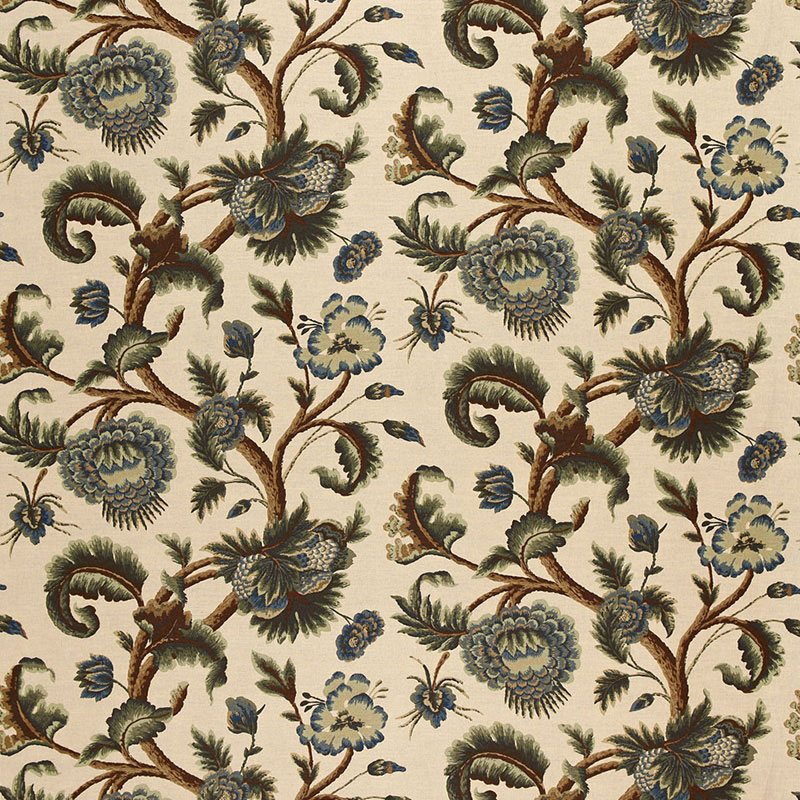 JACOBEAN PRINTED CREWEL – MULTI BLUES WOOD TONES